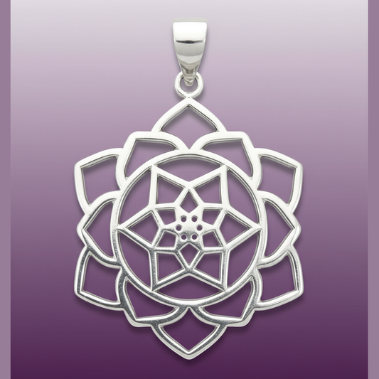 Exact silver lotus mandala pendant with clean professional styling and BeWitchy Emporium watermark