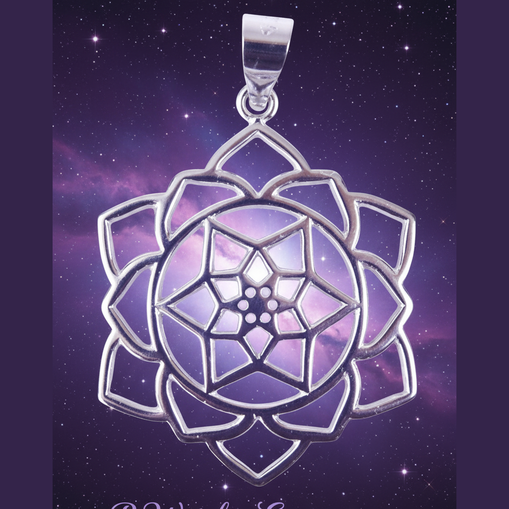 Exact silver lotus mandala pendant with cosmic mystical styling and BeWitchy Emporium watermark