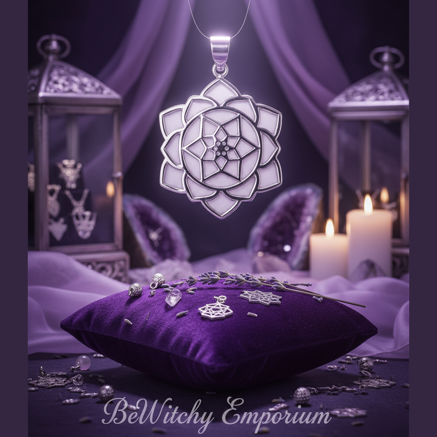 Exact silver lotus mandala pendant with premium spiritual jewelry sanctuary ambiance and BeWitchy Emporium watermark