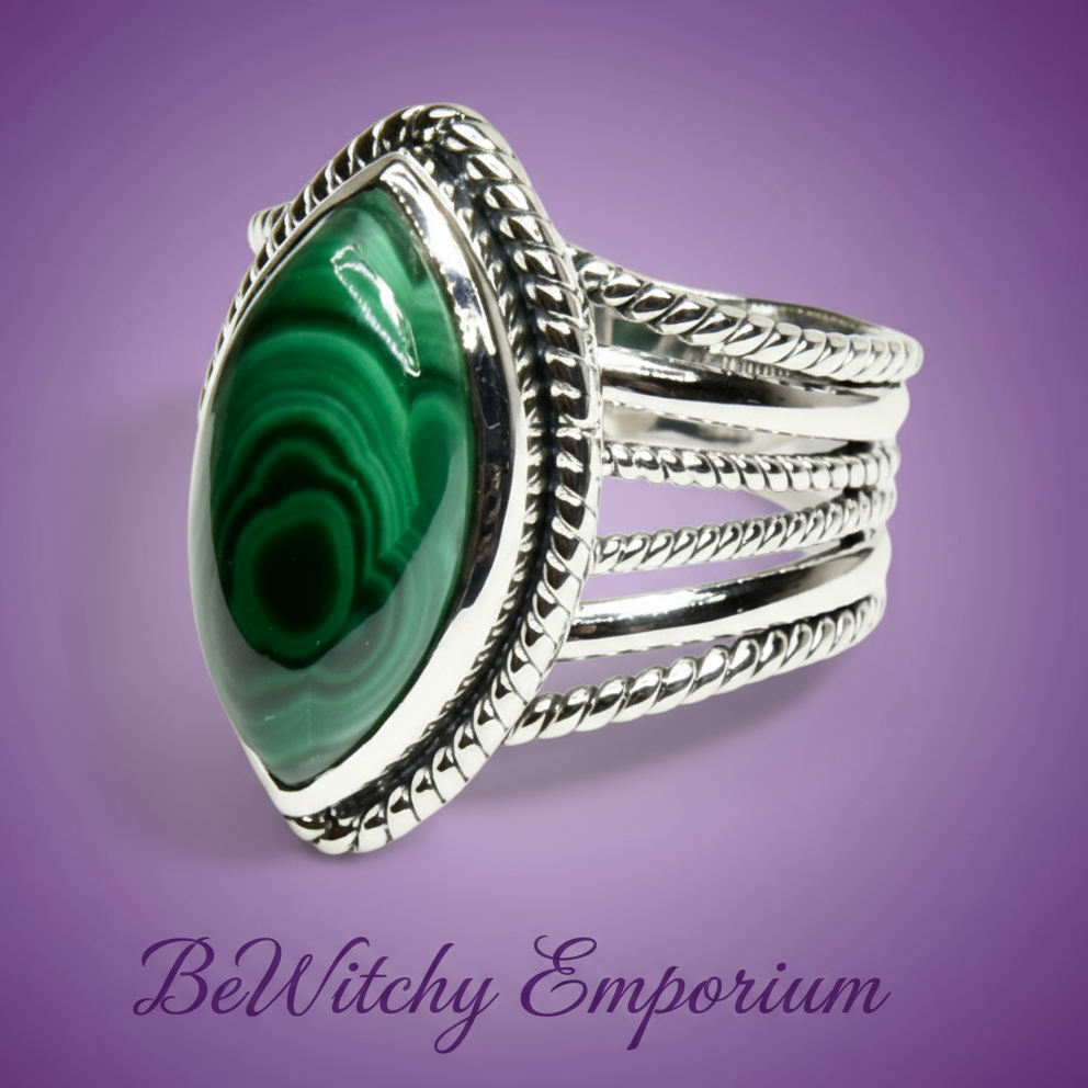 Exact silver malachite ring with clean professional styling and BeWitchy Emporium watermark