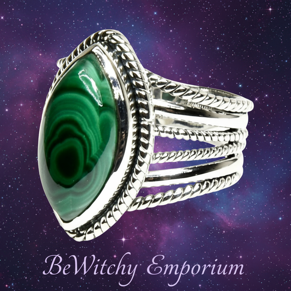 Exact silver malachite ring with cosmic mystical styling and BeWitchy Emporium watermark