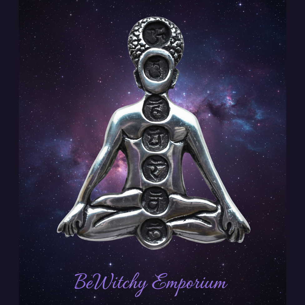 Exact silver meditating chakra figure with cosmic mystical styling and BeWitchy Emporium watermark