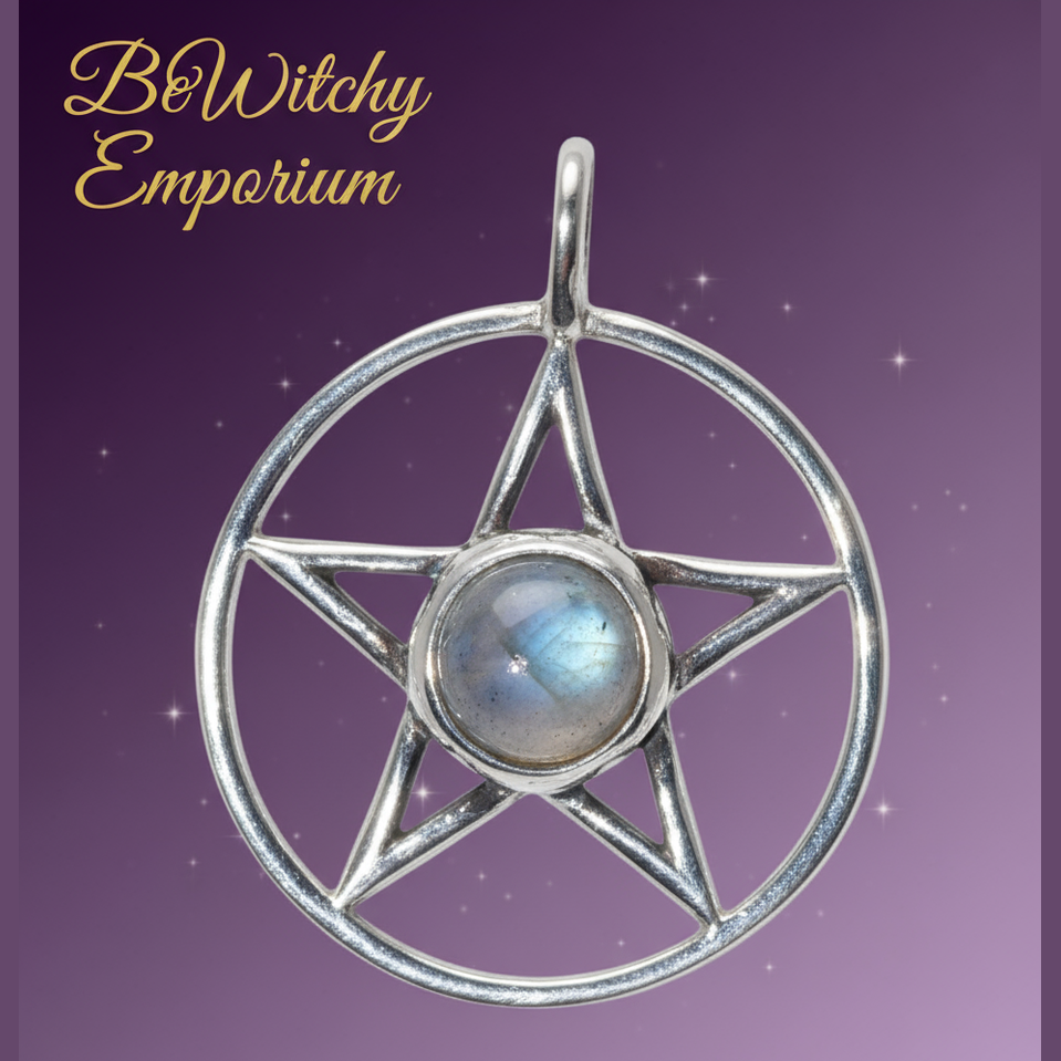 Exact silver pentagram moonstone pendant with clean professional styling and BeWitchy Emporium watermark