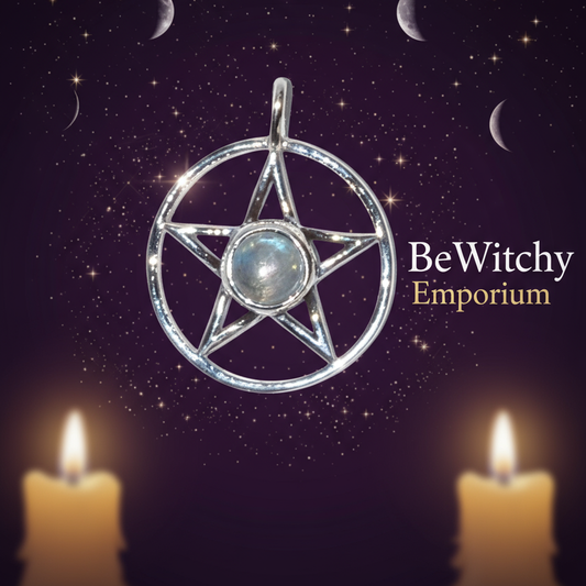 Exact silver pentagram moonstone pendant with cosmic mystical styling and BeWitchy Emporium watermark