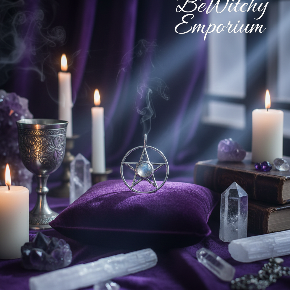 Exact silver pentagram moonstone pendant with premium Wiccan ambiance and BeWitchy Emporium watermark