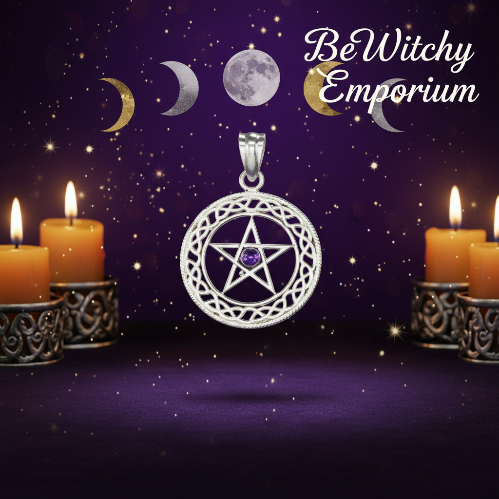 Exact silver pentagram pendant with cosmic mystical styling and BeWitchy Emporium watermark