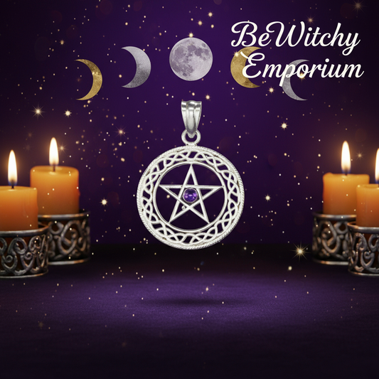 Exact silver pentagram pendant with cosmic mystical styling and BeWitchy Emporium watermark