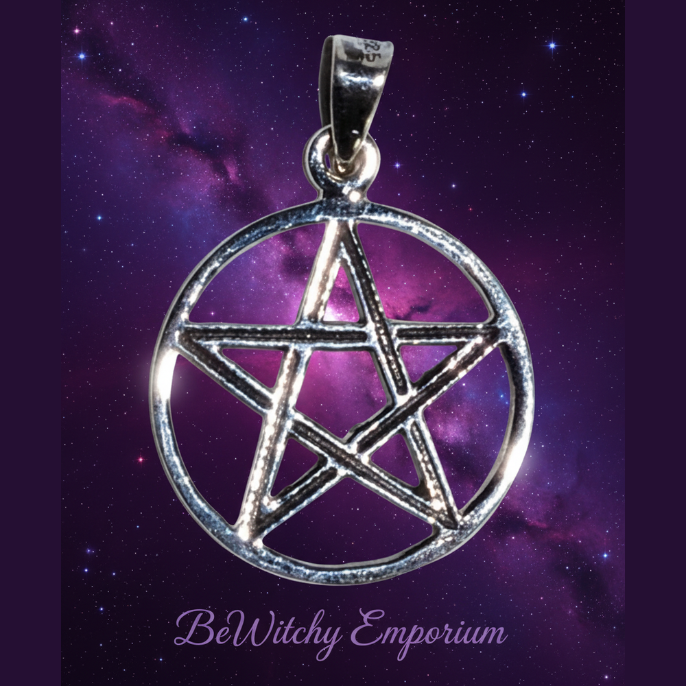Exact silver pentagram pendant with cosmic mystical styling and BeWitchy Emporium watermark