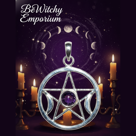 Exact silver pentagram pendant with cosmic mystical styling and BeWitchy Emporium watermark