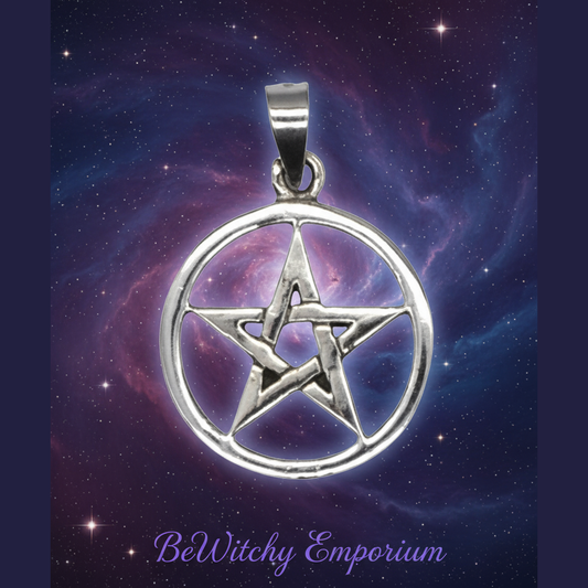 Exact silver pentagram pendant with cosmic mystical styling and BeWitchy Emporium watermark