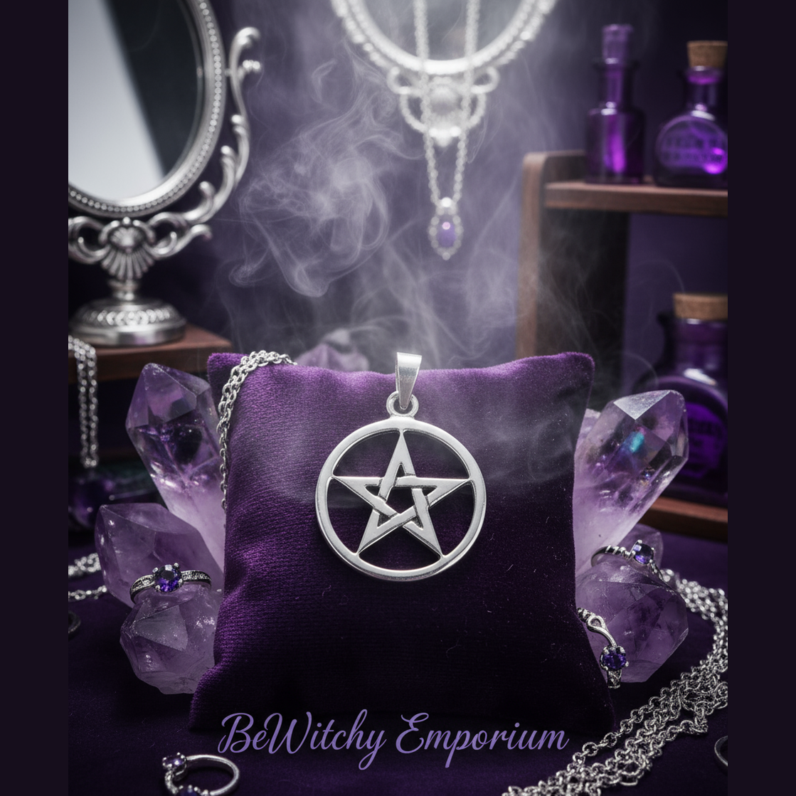 Exact silver pentagram pendant with premium jewelry sanctuary ambiance and BeWitchy Emporium watermark