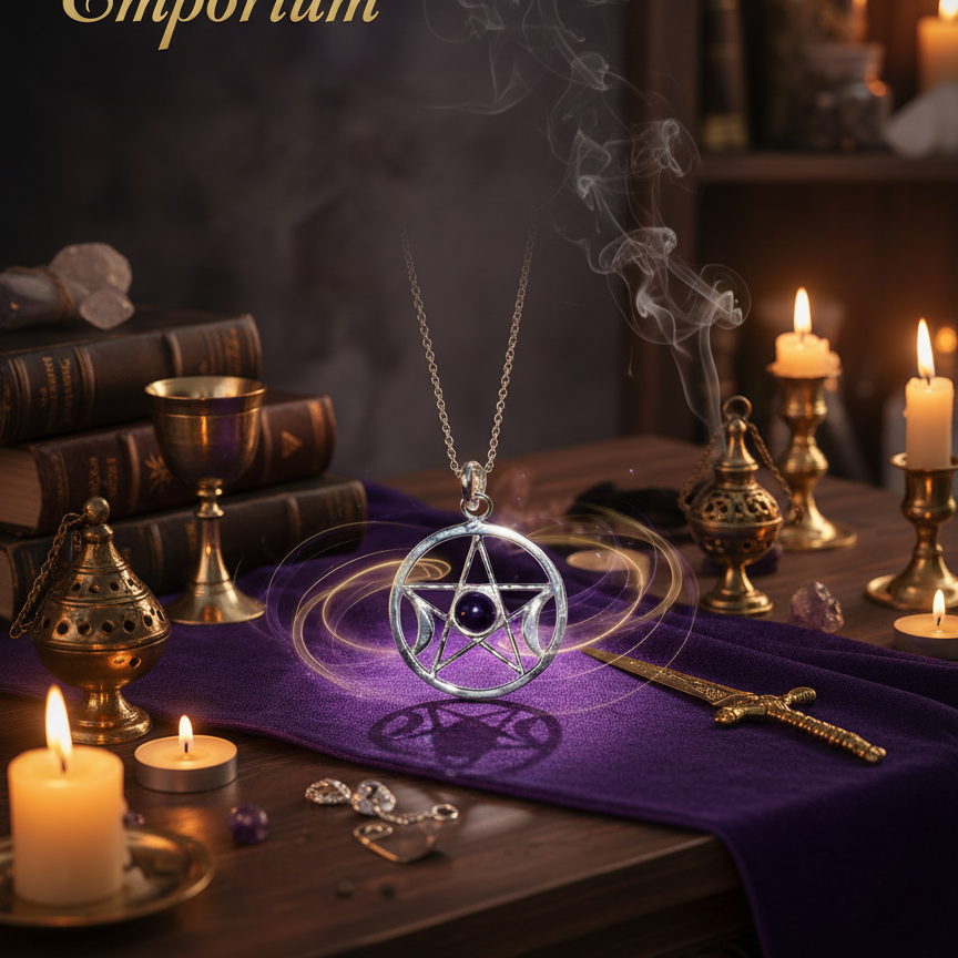 Exact silver pentagram pendant with premium Wiccan ambiance and BeWitchy Emporium watermark