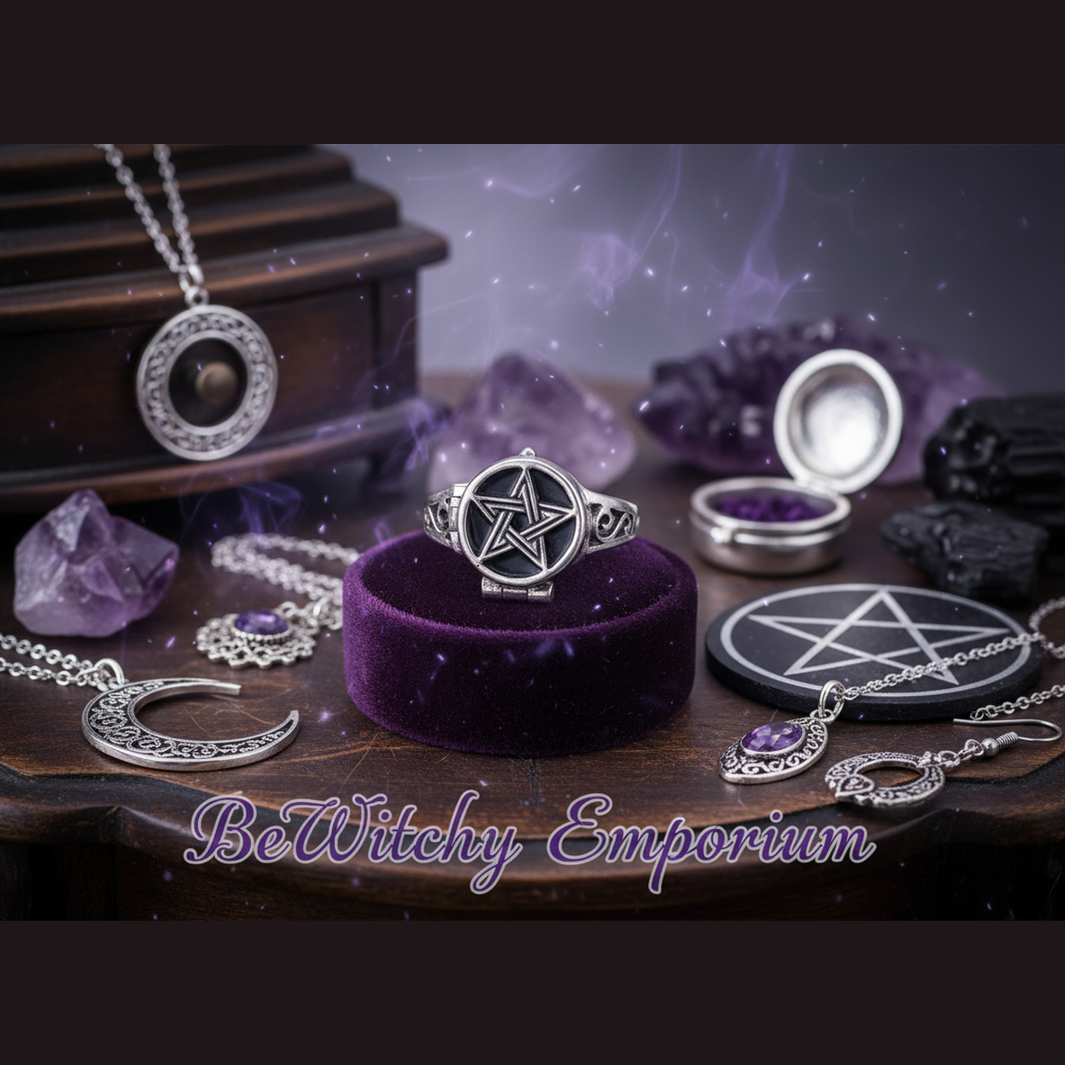 Exact silver pentagram poison ring with premium witchcraft jewelry sanctuary ambiance and BeWitchy Emporium watermark