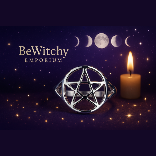 Exact silver pentagram ring with cosmic mystical styling and BeWitchy Emporium watermark