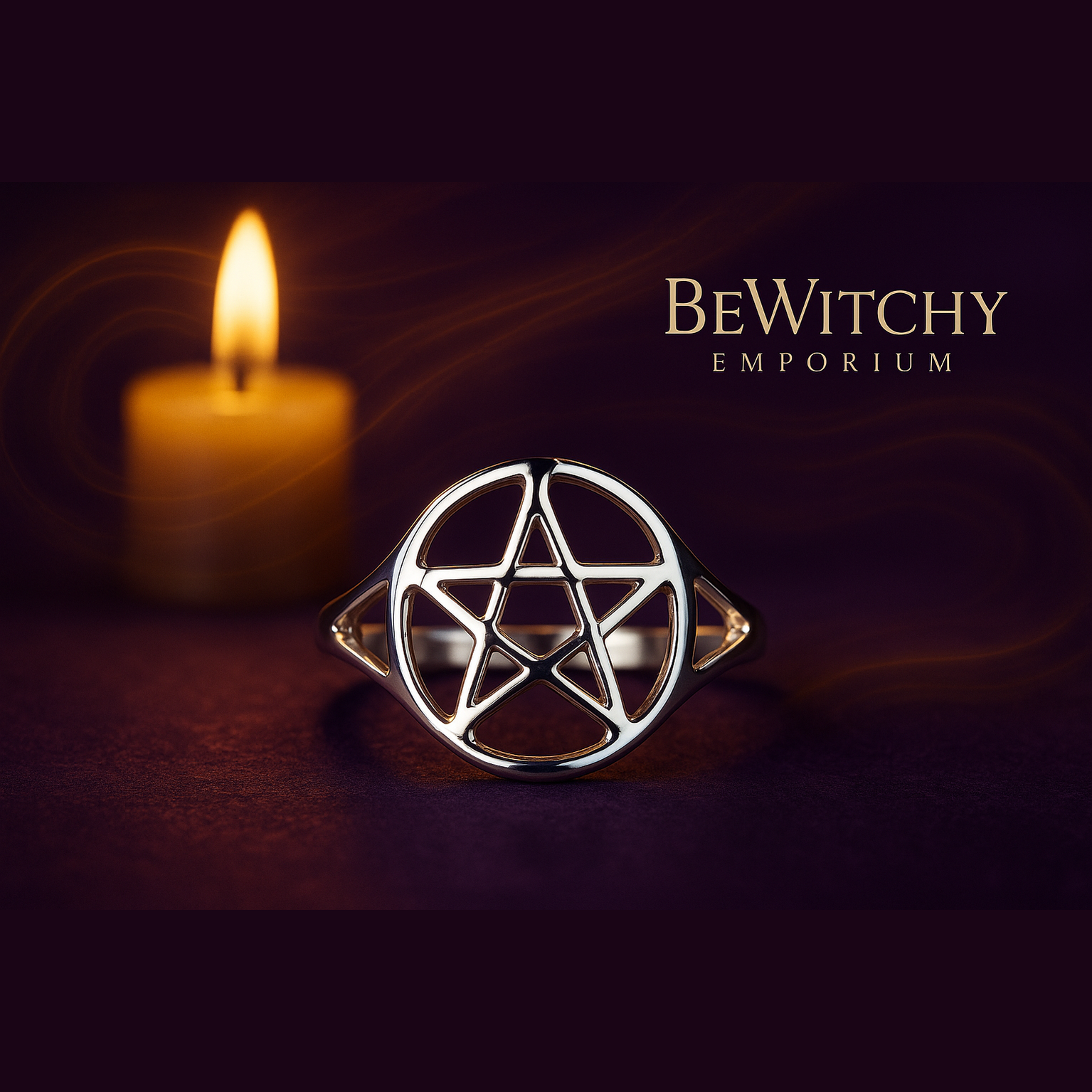 Exact silver pentagram ring with premium Wiccan ambiance and BeWitchy Emporium watermark