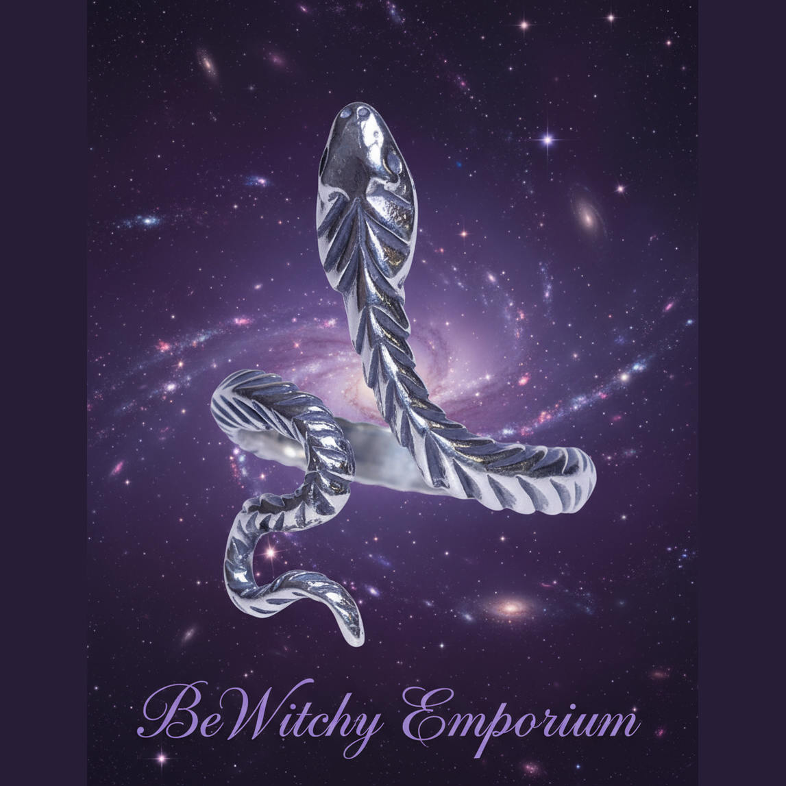 Exact silver snake ring with cosmic mystical styling and BeWitchy Emporium watermark