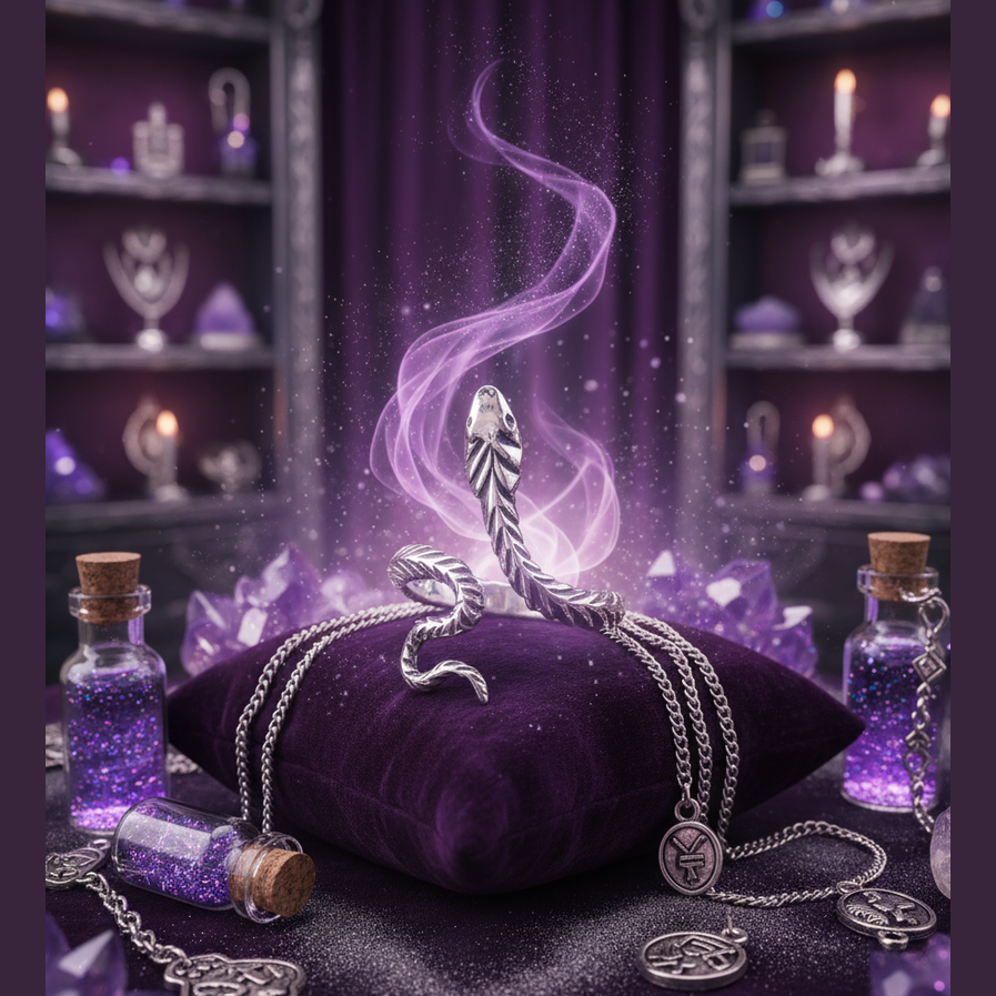 Exact silver snake ring with premium witchcraft jewelry sanctuary ambiance and BeWitchy Emporium watermark