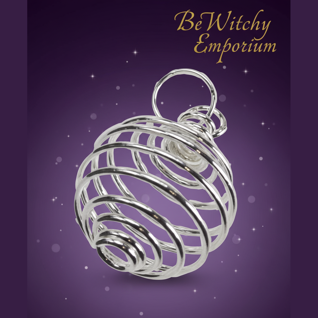 Exact silver spiral crystal cage pendant with clean professional styling and BeWitchy Emporium watermark