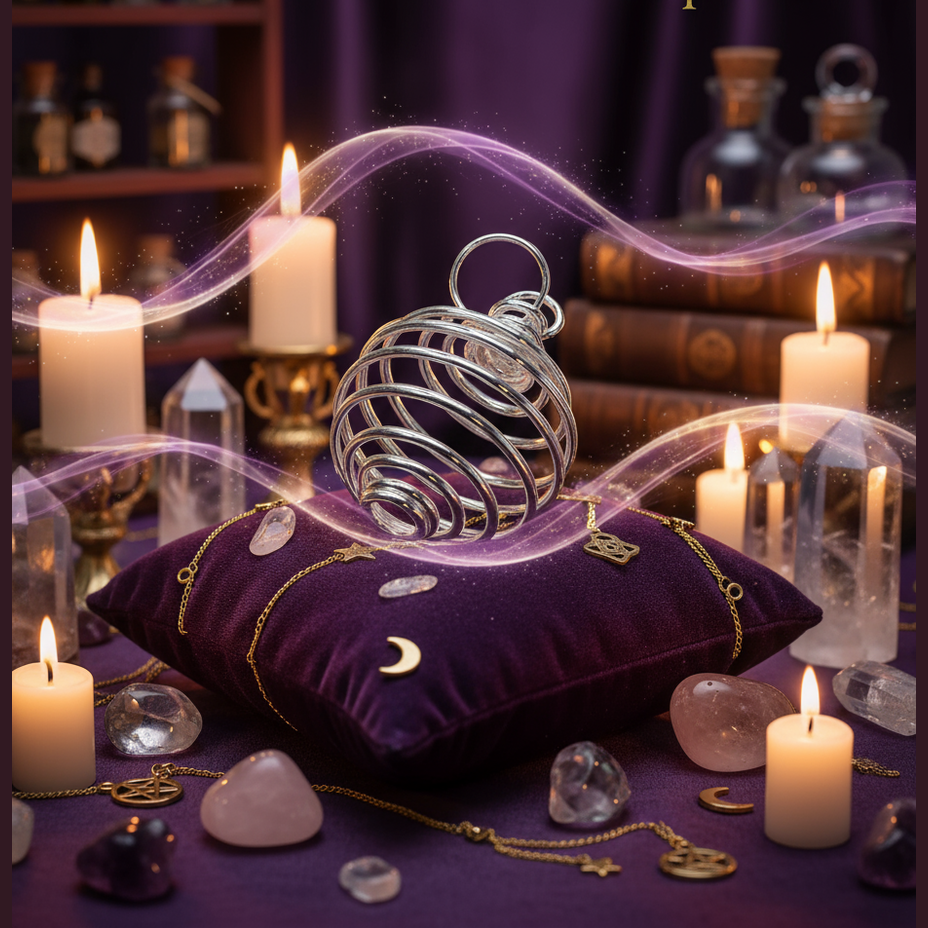 Exact silver spiral crystal cage pendant with premium crystal healing ambiance and BeWitchy Emporium watermark