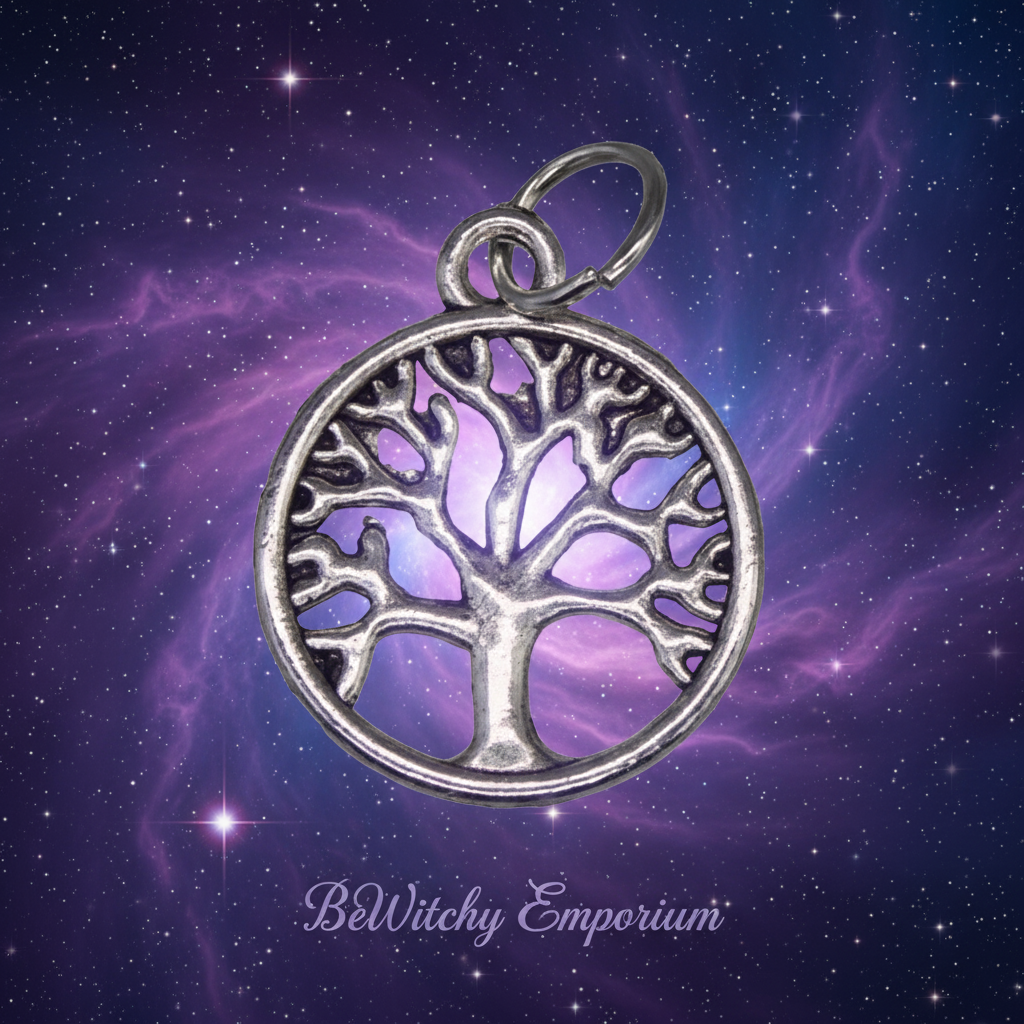 Exact silver Tree of Life charm with cosmic mystical styling and BeWitchy Emporium watermark