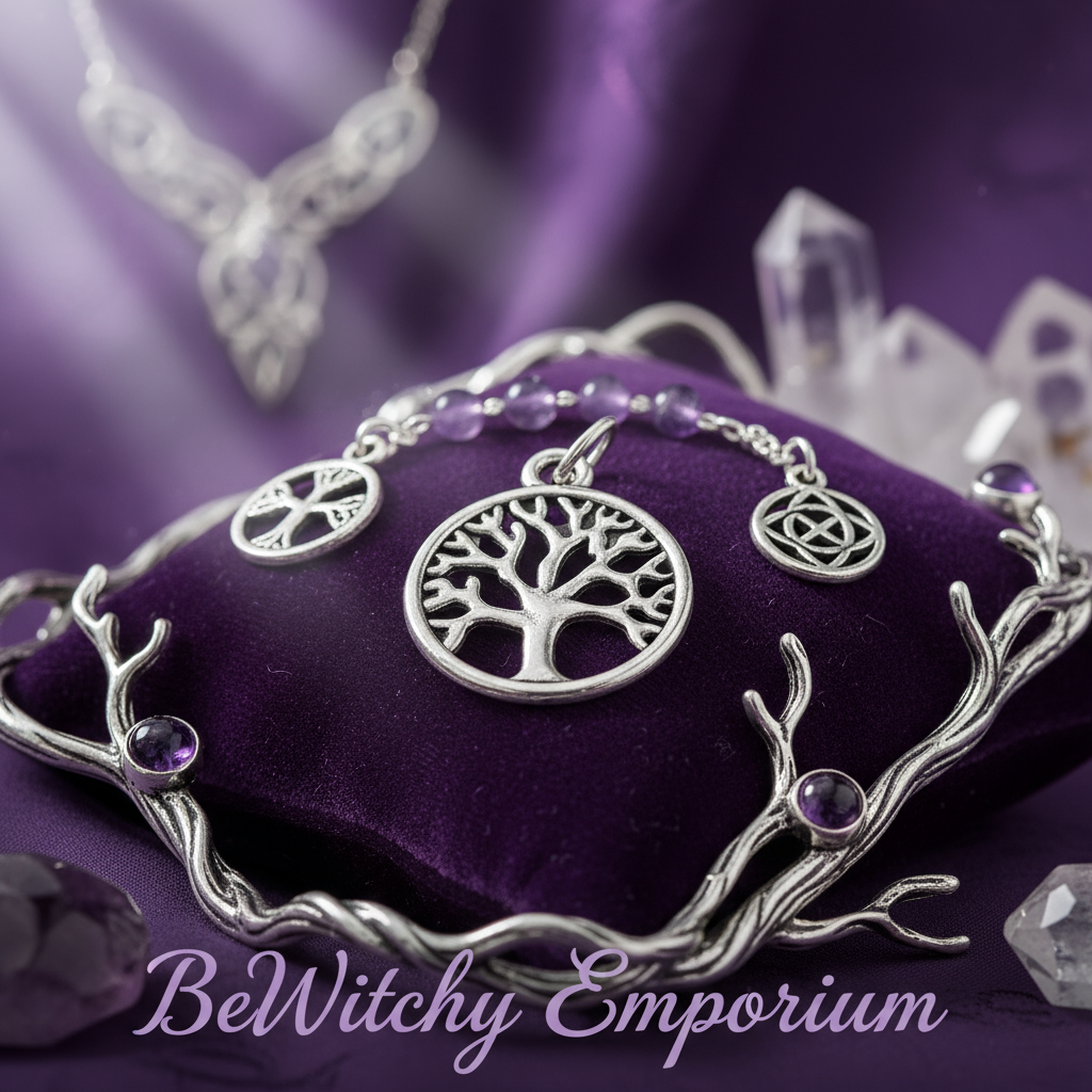 Exact silver Tree of Life charm with premium spiritual jewelry sanctuary ambiance and BeWitchy Emporium watermark