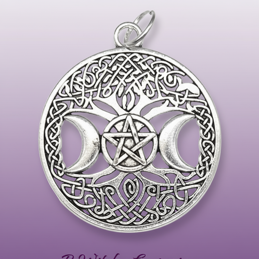 Exact silver triple moon pentacle pendant with clean professional styling and BeWitchy Emporium watermark