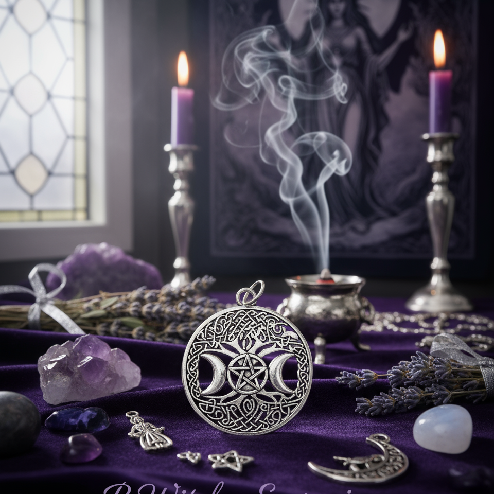 Exact silver triple moon pentacle pendant with premium Wiccan sanctuary ambiance and BeWitchy Emporium watermark