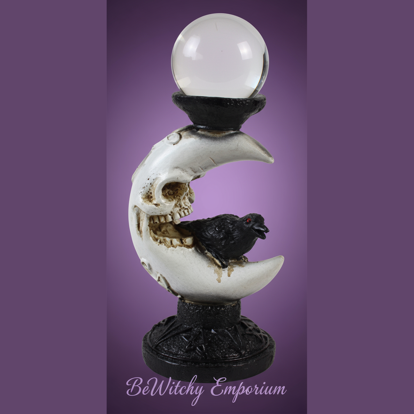 Exact skull and raven crystal ball holder with clean professional styling and BeWitchy Emporium watermark