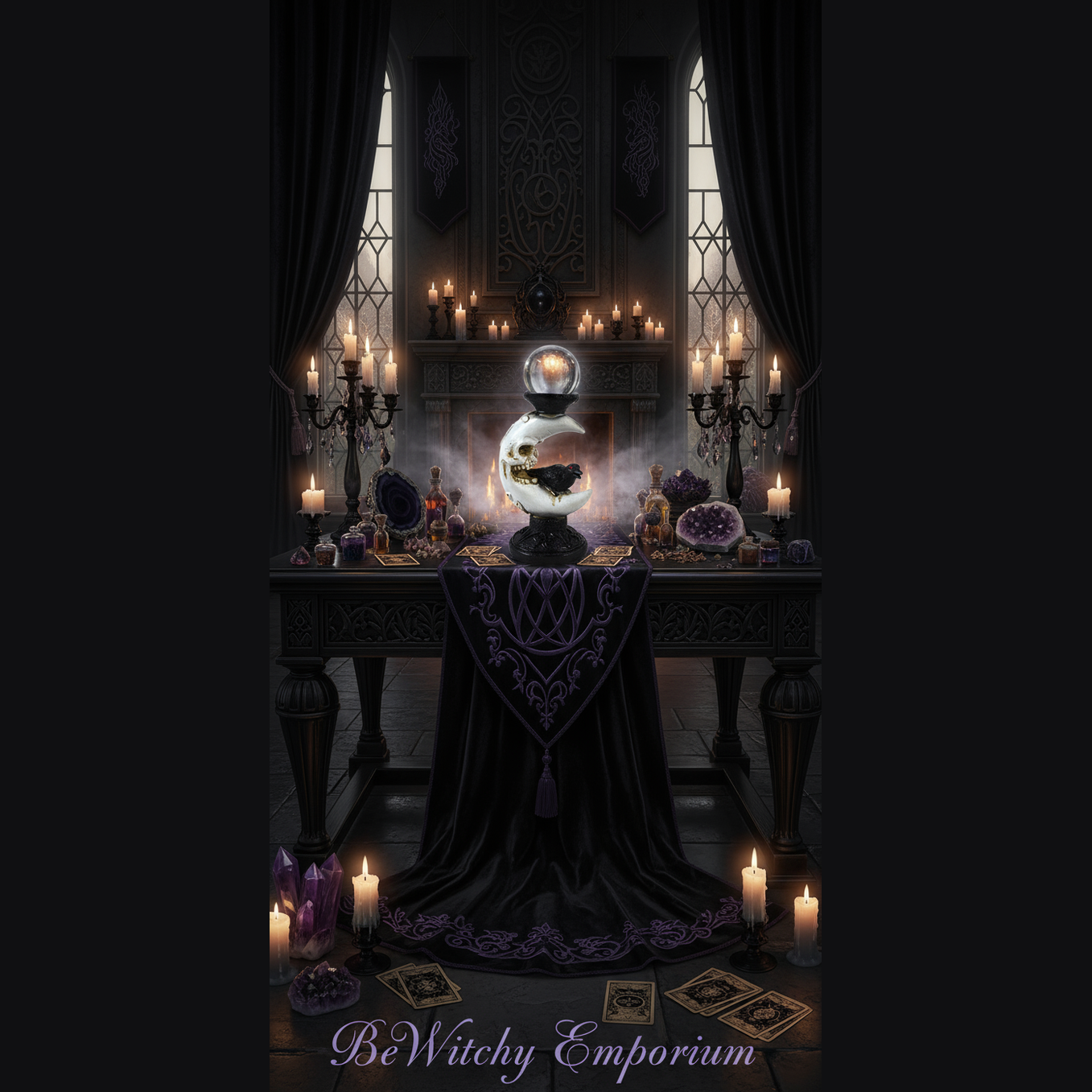 Exact skull and raven crystal ball holder with premium gothic divination sanctuary ambiance and BeWitchy Emporium watermark