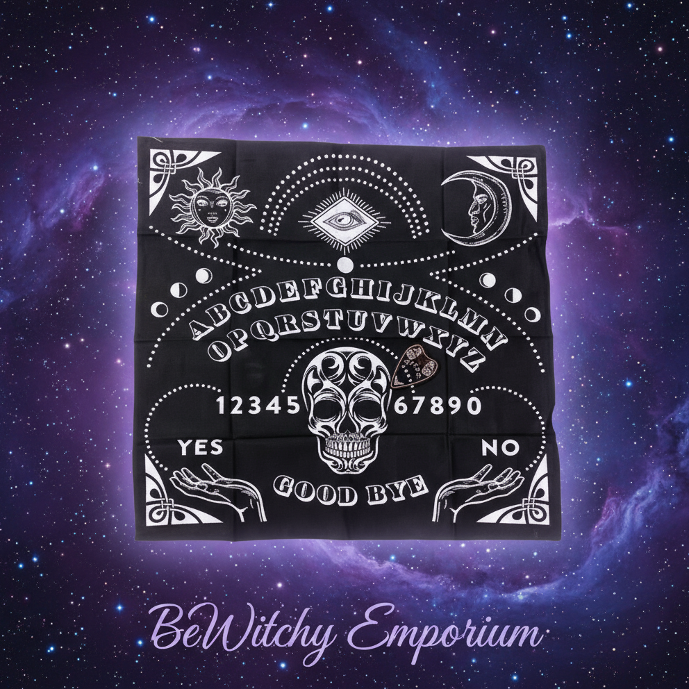 Exact spirit board altar cloth with cosmic mystical styling and BeWitchy Emporium watermark