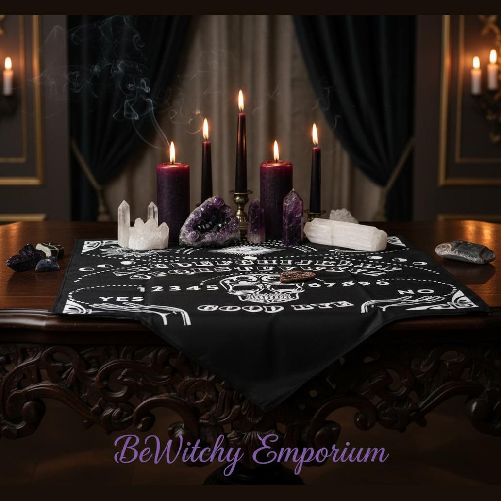 Exact spirit board altar cloth with premium séance sanctuary ambiance and BeWitchy Emporium watermark