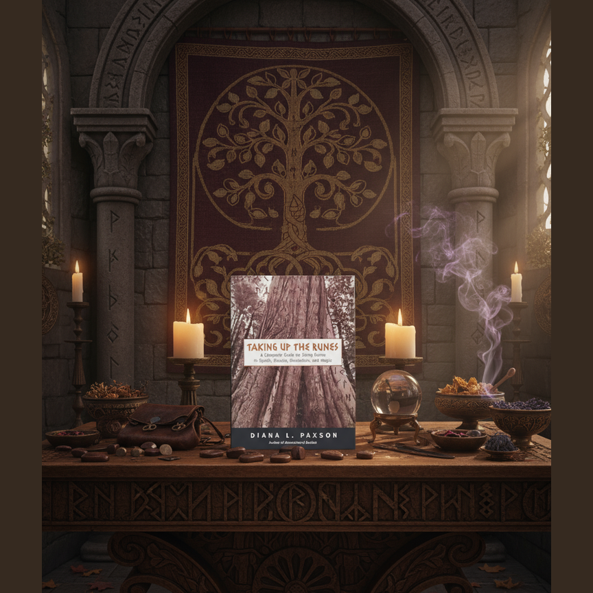 Exact Taking Up the Runes book with premium Norse magic sanctuary ambiance and BeWitchy Emporium watermark