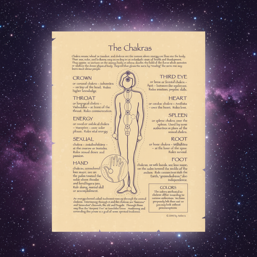 Exact The Chakras poster with cosmic mystical styling and BeWitchy Emporium watermark