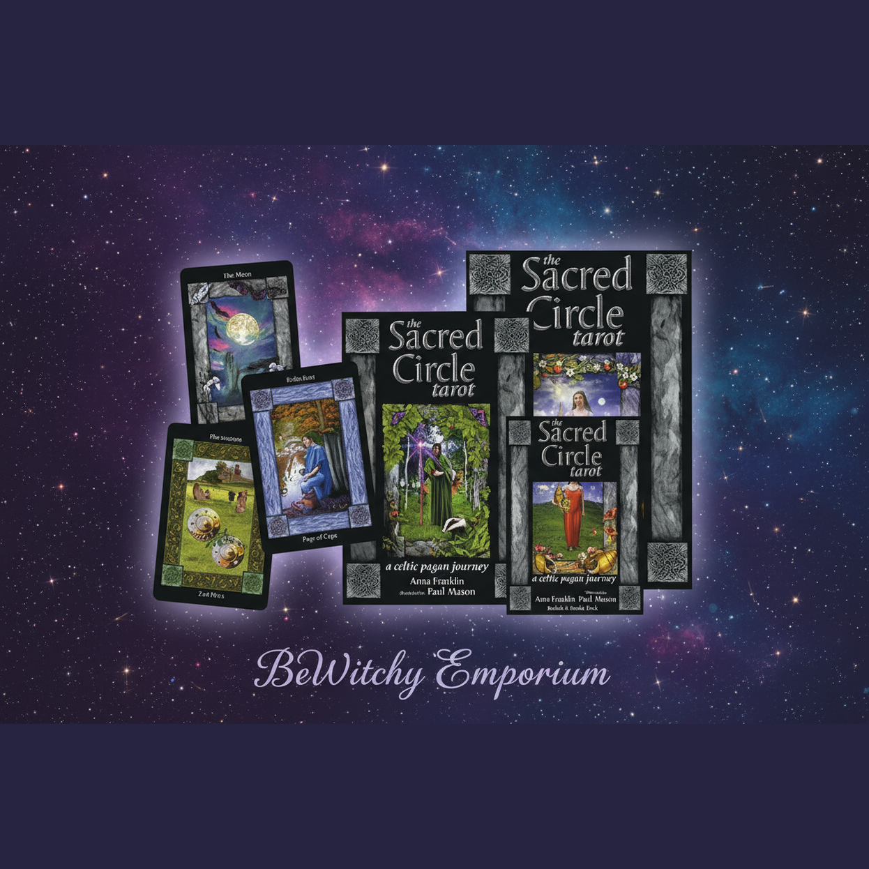 Exact The Sacred Circle Tarot set with cosmic mystical styling and BeWitchy Emporium watermark