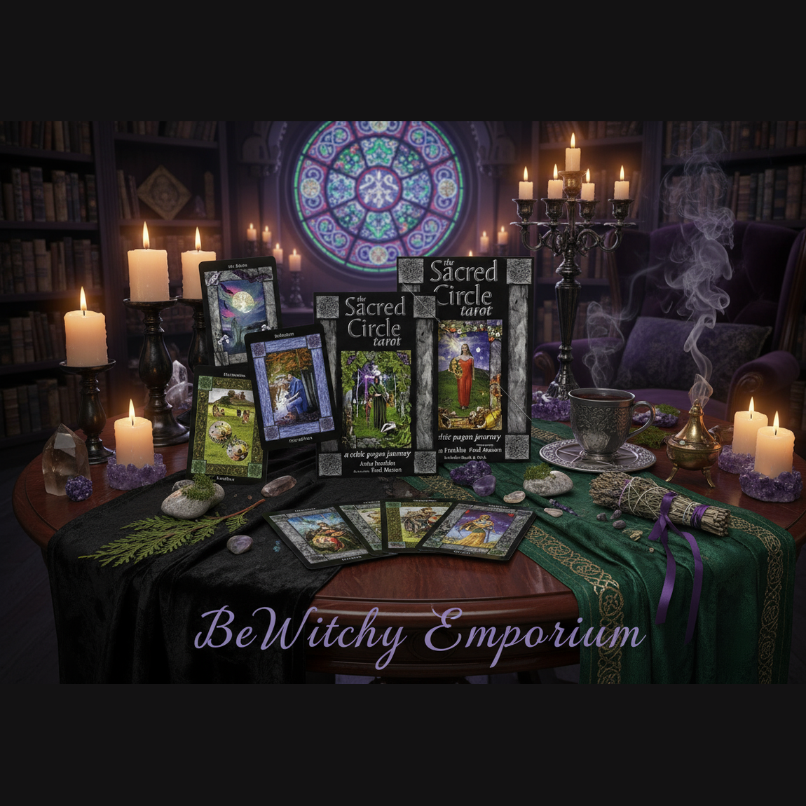 Exact The Sacred Circle Tarot set with premium divination library sanctuary ambiance and BeWitchy Emporium watermark