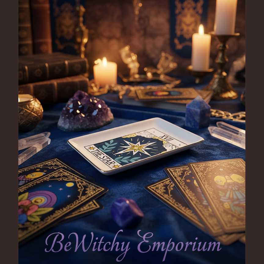 Exact The Star tarot trinket dish with premium tarot sanctuary ambiance and BeWitchy Emporium watermark