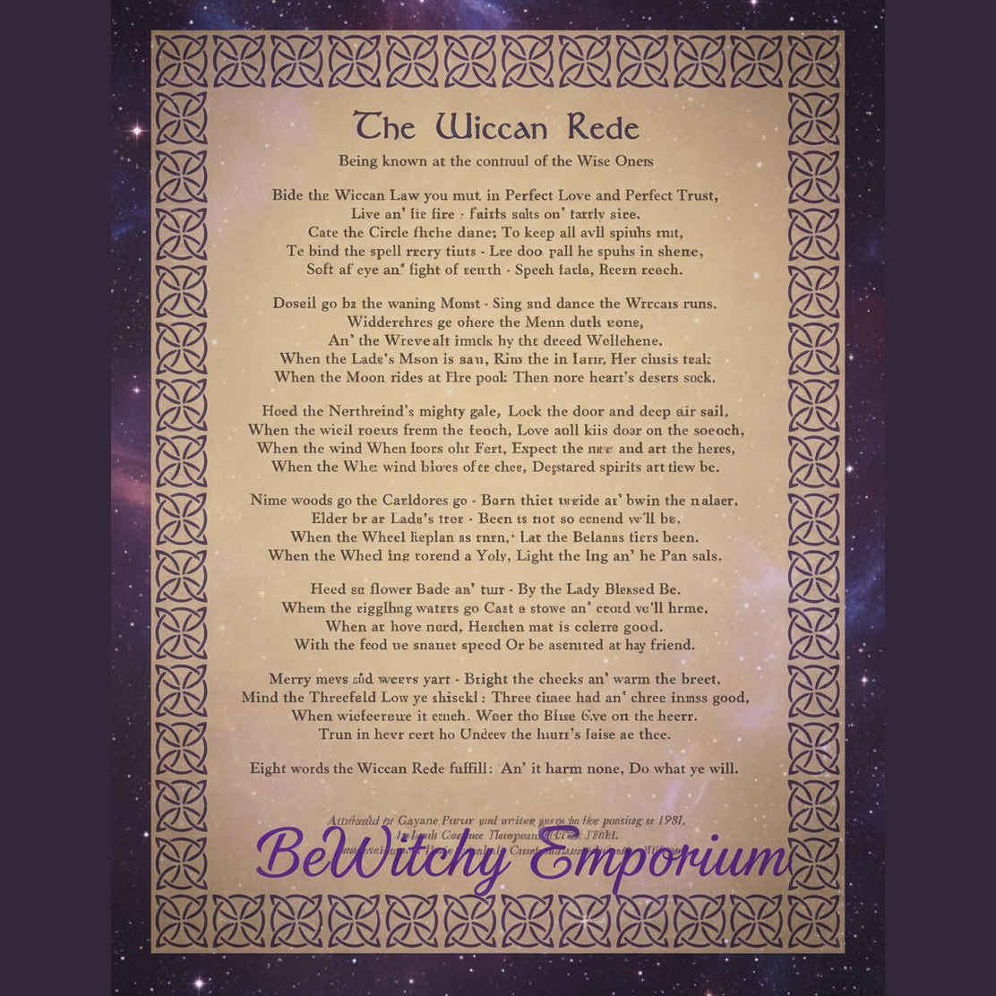 Exact The Wiccan Rede parchment poster with cosmic mystical styling and BeWitchy Emporium watermark