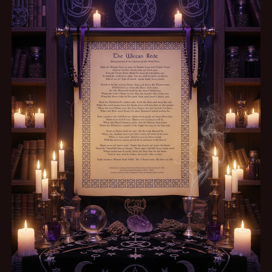 Exact The Wiccan Rede parchment poster with premium witchcraft sanctuary ambiance and BeWitchy Emporium watermark