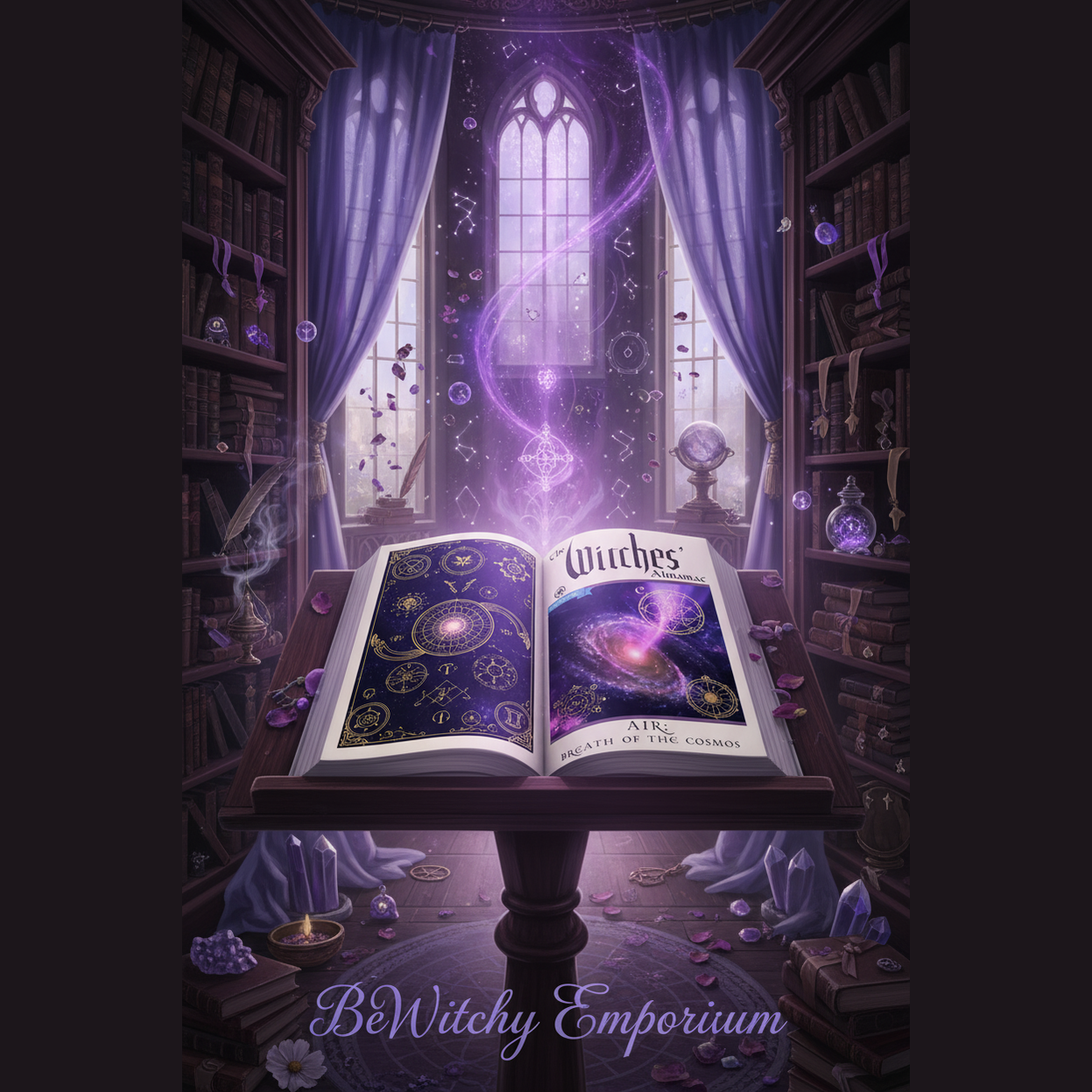 Exact The Witches' Almanac: Air - Breath of the Cosmos with premium witchcraft library sanctuary ambiance and BeWitchy Emporium watermark