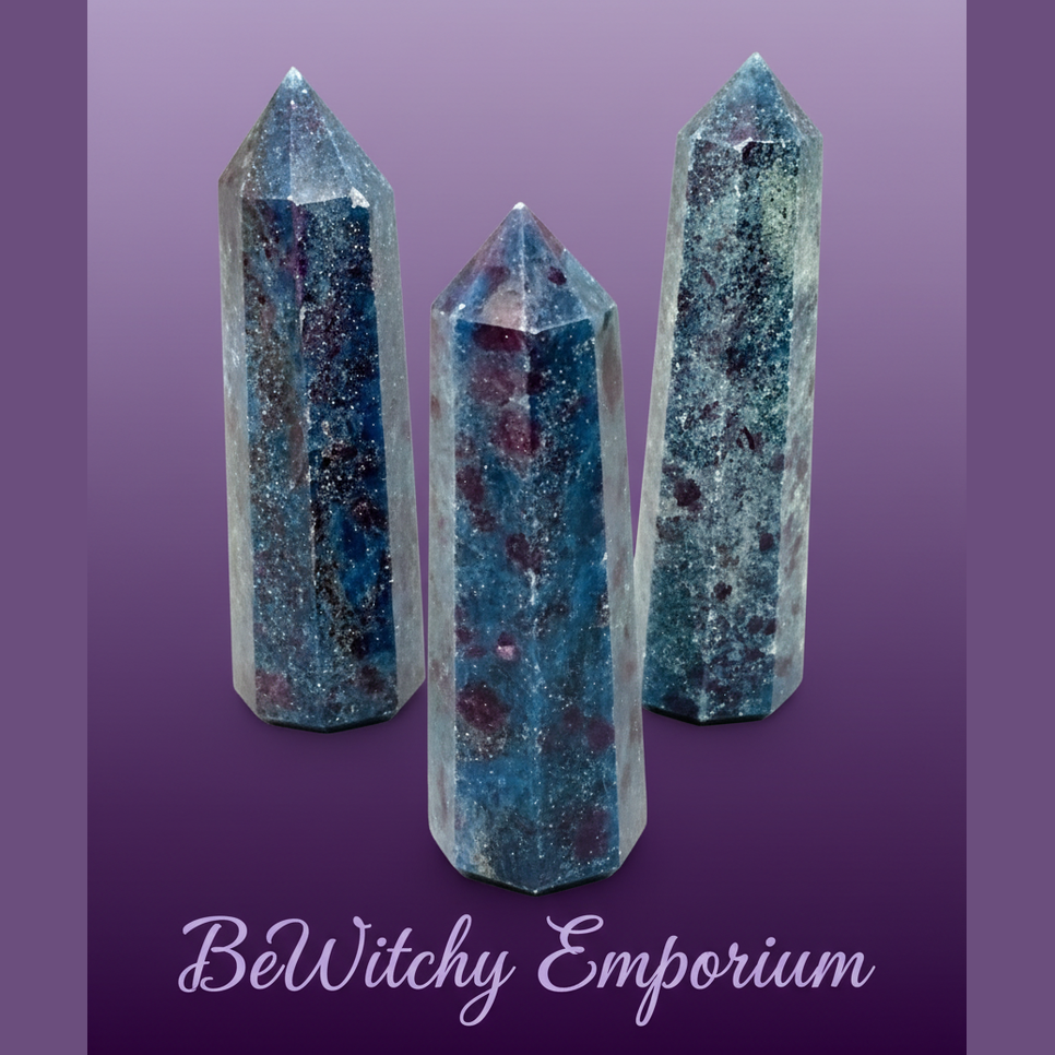 Exact three blue aventurine crystal points with clean professional styling and BeWitchy Emporium watermark