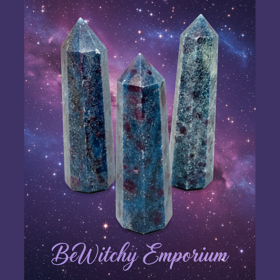 Exact three blue aventurine crystal points with cosmic mystical styling and BeWitchy Emporium watermark
