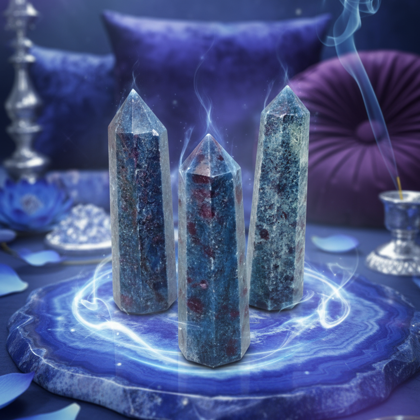 Exact three blue aventurine crystal points with premium healing sanctuary ambiance and BeWitchy Emporium watermark