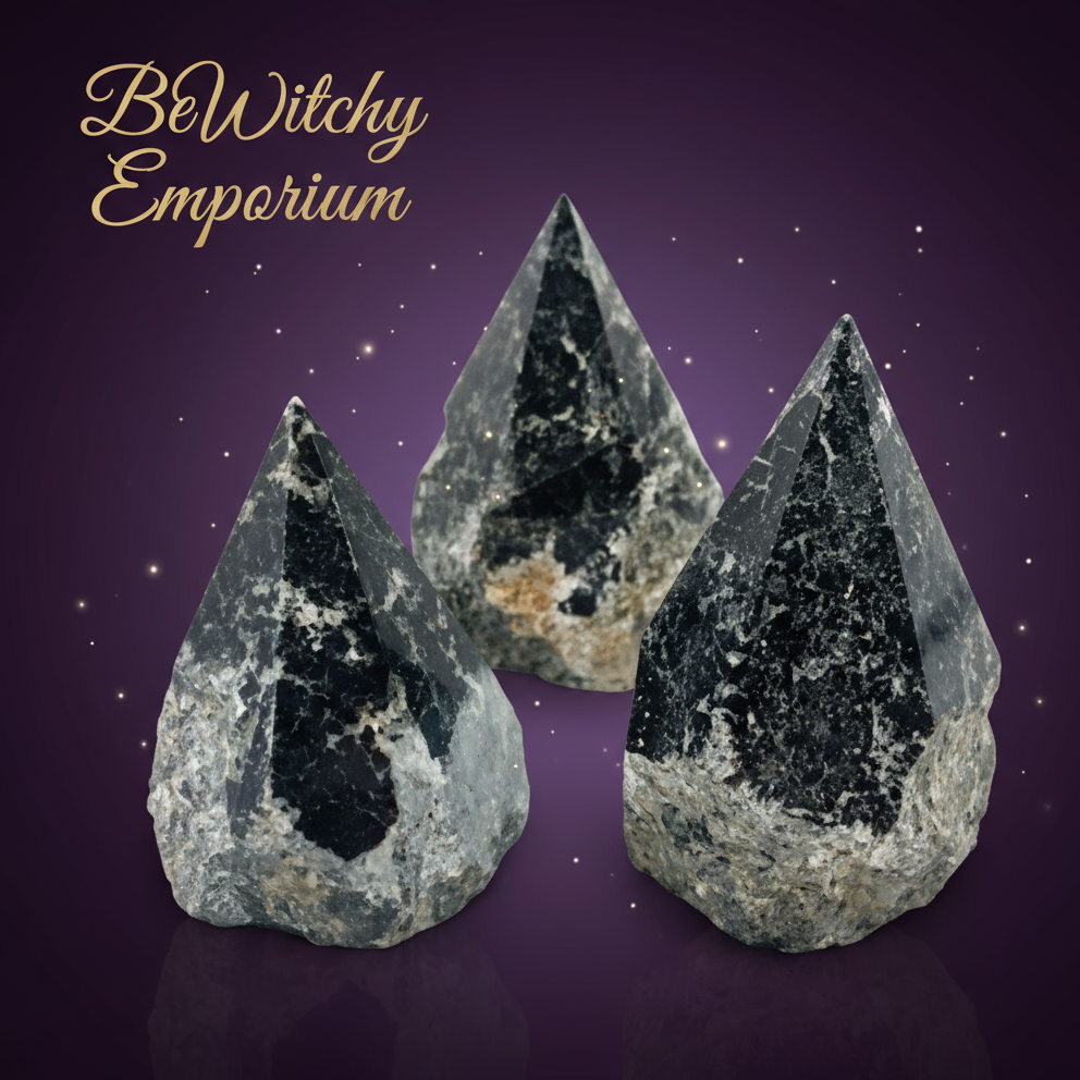 Exact three merlinite crystal points with clean professional styling and BeWitchy Emporium watermark