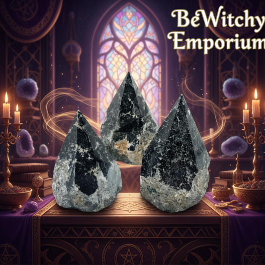 Exact three merlinite crystal points with premium shamanic ambiance and BeWitchy Emporium watermark
