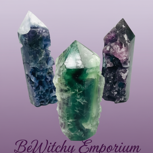 Exact three rainbow fluorite towers with clean professional styling and BeWitchy Emporium watermark