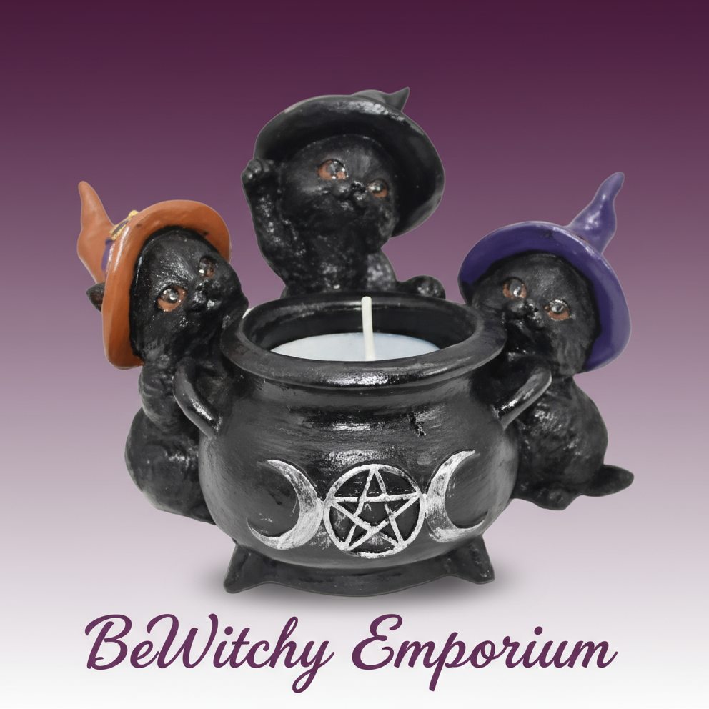 Exact Three Wise Witches cauldron with clean professional styling and BeWitchy Emporium watermark