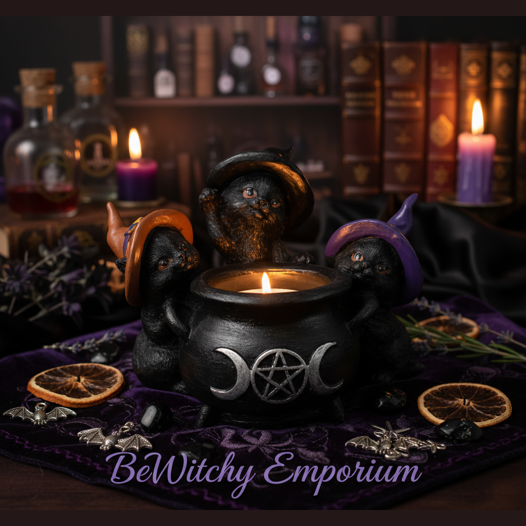 Exact Three Wise Witches cauldron with premium witchy sanctuary ambiance and BeWitchy Emporium watermark