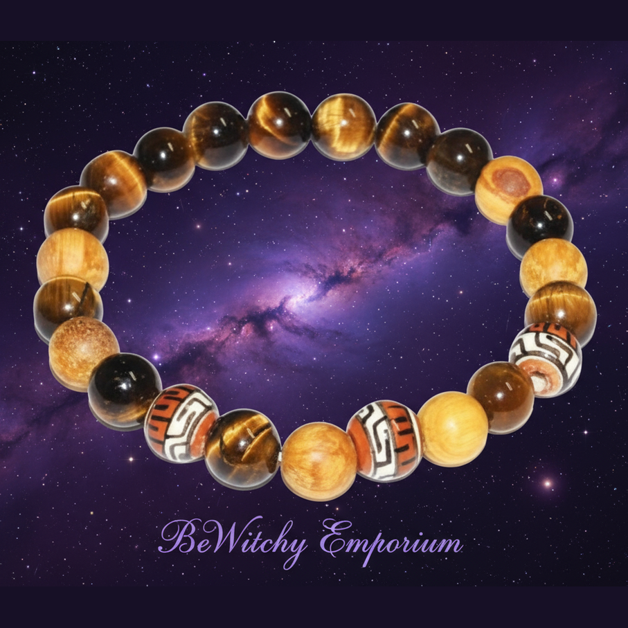 Exact tiger's eye bracelet with decorative beads with cosmic mystical styling and BeWitchy Emporium watermark