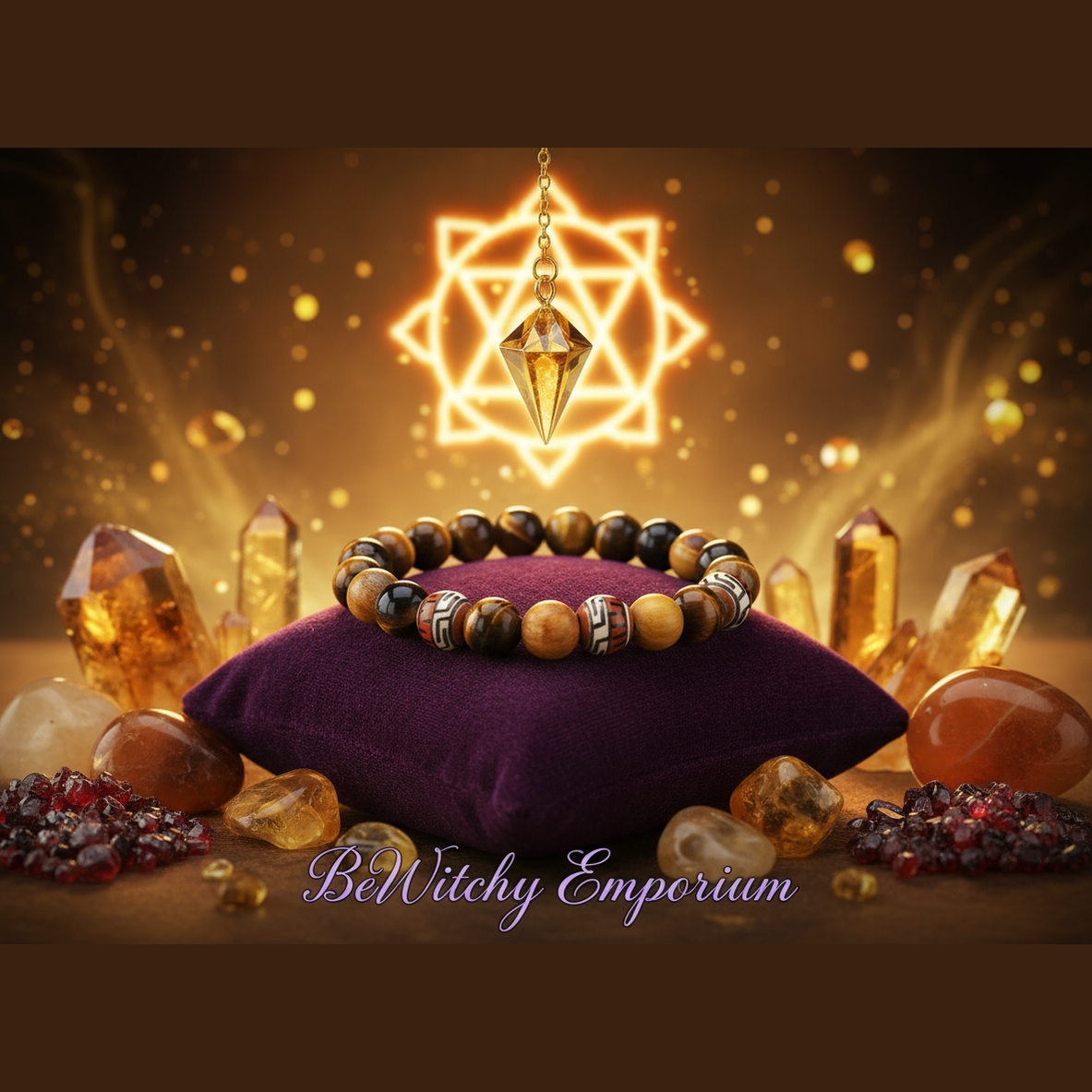 Exact tiger's eye bracelet with decorative beads with premium healing sanctuary ambiance and BeWitchy Emporium watermark