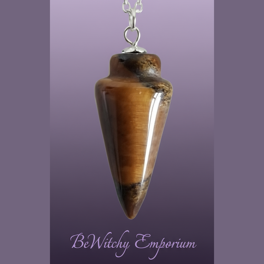 Exact tiger's eye pendulum with clean professional styling and BeWitchy Emporium watermark